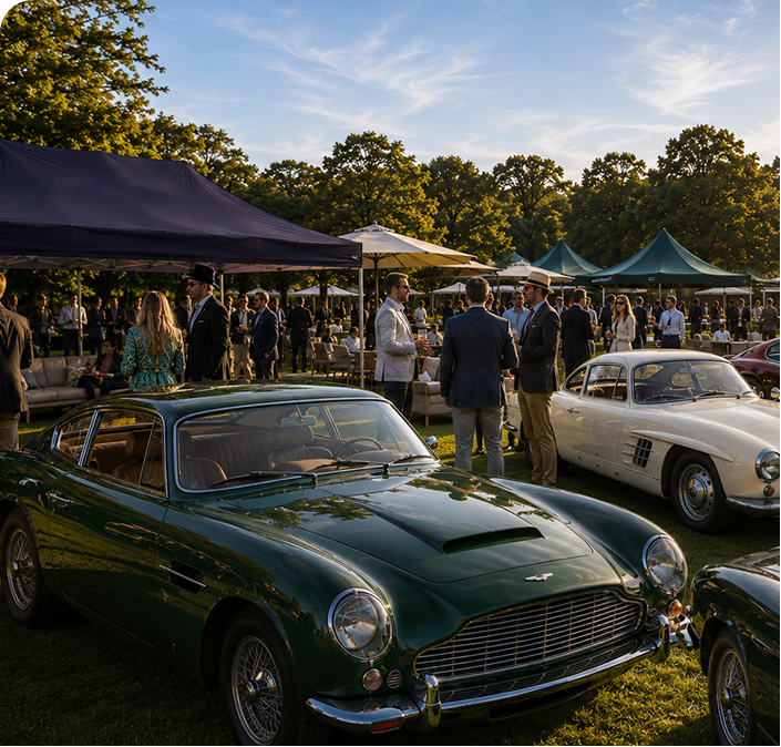 Dealer community event with classic cars under DealerPulse tents