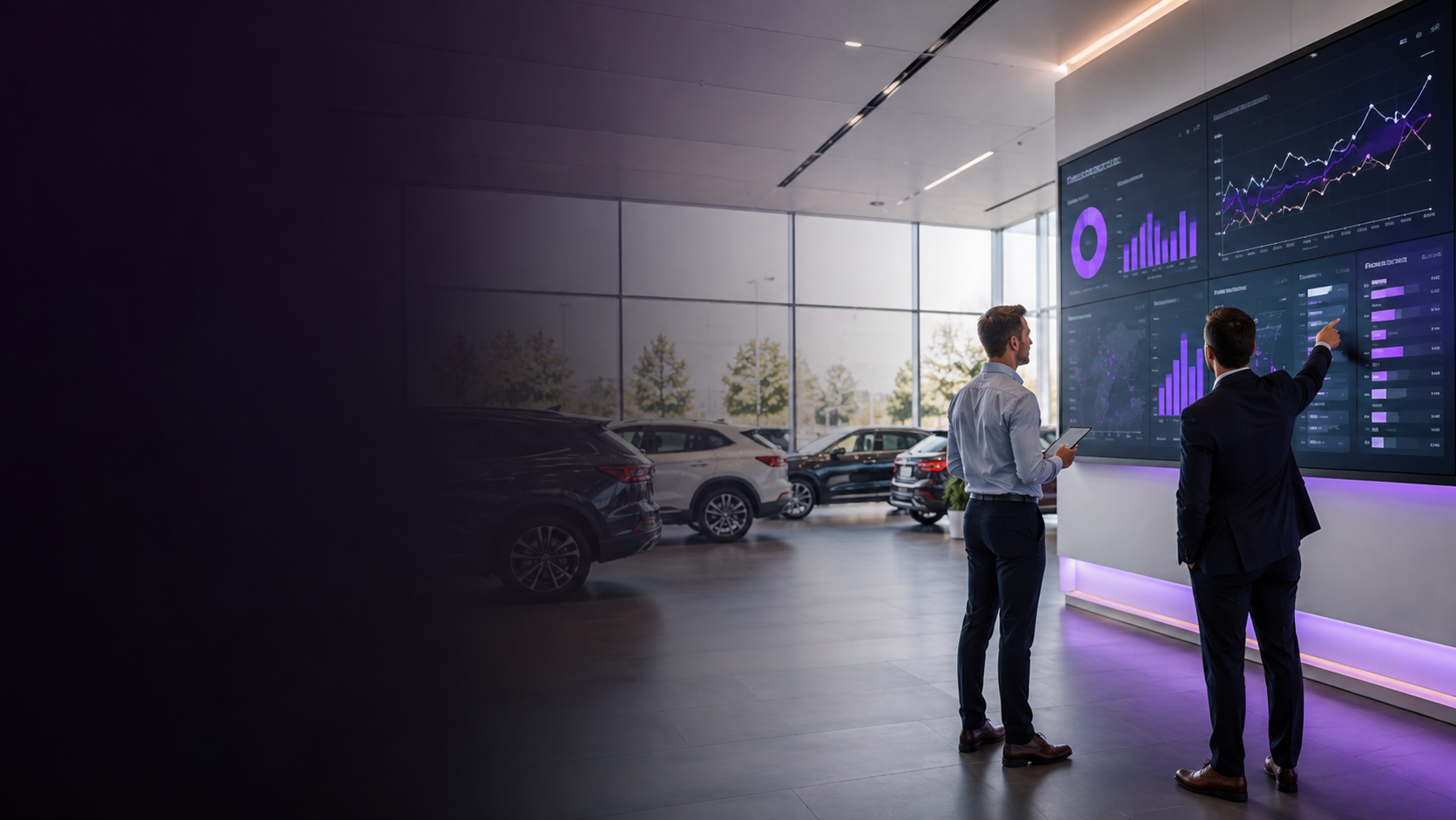 Dealers reviewing live inventory analytics on a showroom video wall