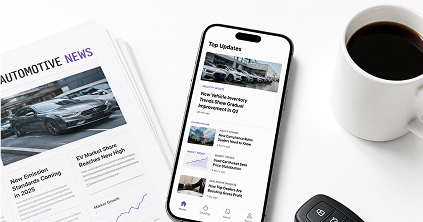 Phone and newspaper with automotive news headlines