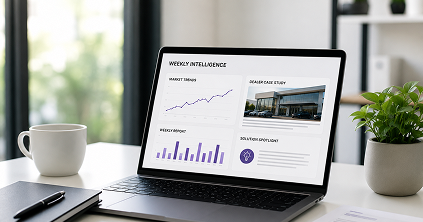 Laptop showing weekly intelligence market trends dashboard