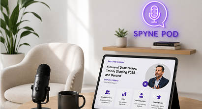 Tablet showing Spyne Pod expert session with microphone